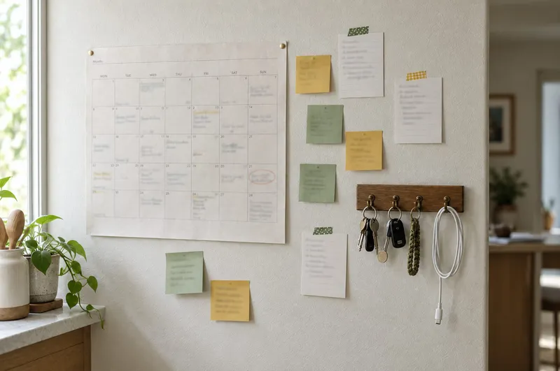 A paper month planner, handwritten sticky notes and a key rail on the wall of a home kitchen