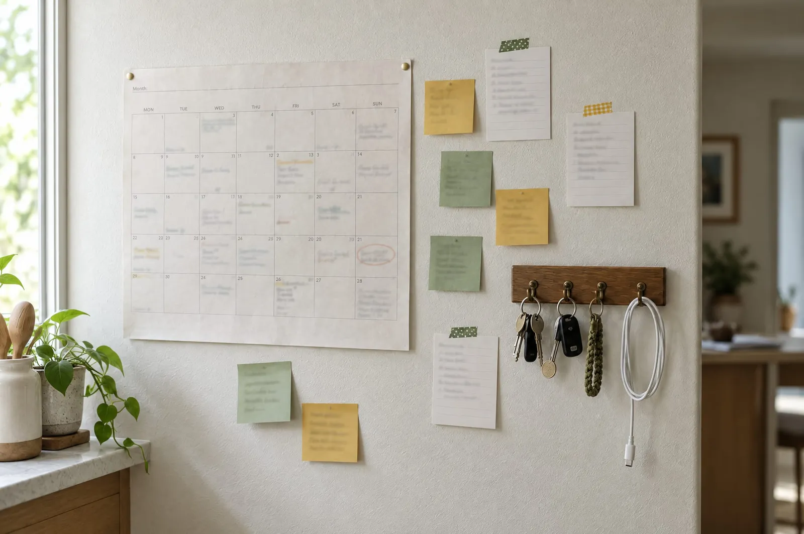 A paper month planner, handwritten sticky notes and a key rail on the wall of a home kitchen
