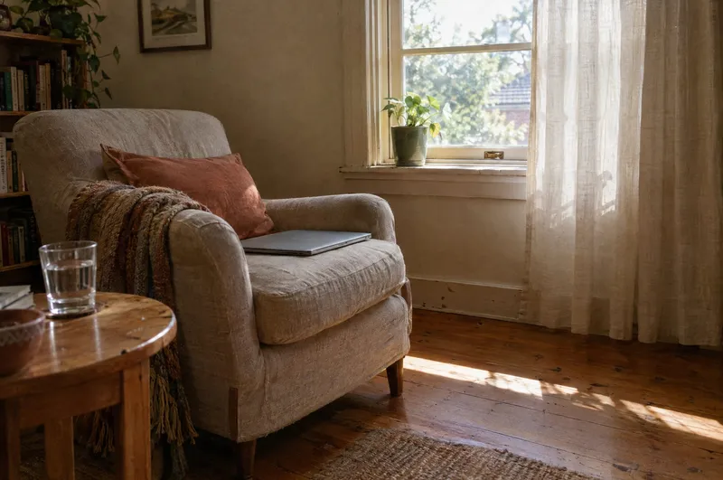 An empty linen armchair beside a sunlit window in a home living room, a closed laptop on the seat and a glass of water on the side table