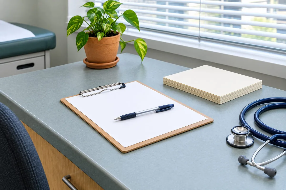 A blank form on a clipboard beside a pen, a pad of paper and a stethoscope on a general practice consulting room desk