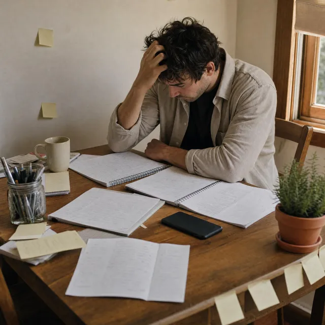 A young man at a kitchen table with handwritten lists and sticky notes spread across the surface