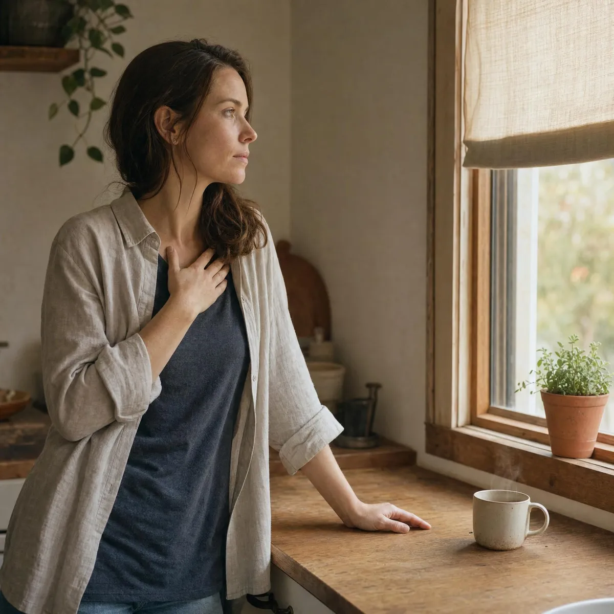 A woman stands at a kitchen window in early morning light, one hand resting on the benchtop