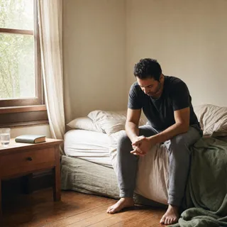 A man sits on the edge of an unmade bed in morning light, looking towards the window