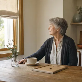 An older woman sits at a kitchen table in morning light, a cup of tea untouched in front of her