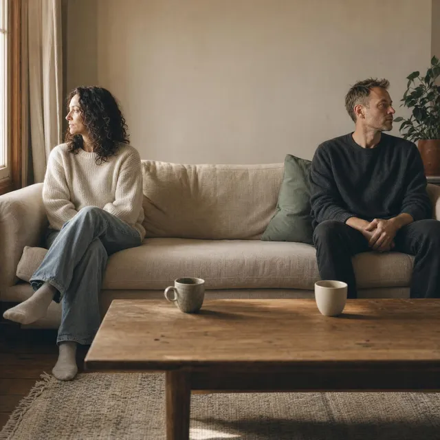 Two people sit at either end of a couch in a lounge room, turned slightly away from one another