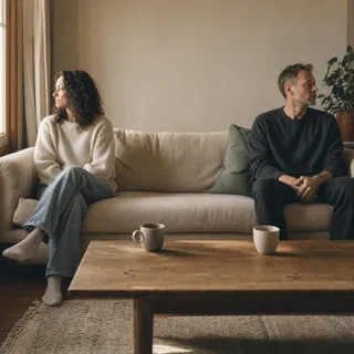 Two people sit at opposite ends of a couch in a living room, turned slightly away from each other