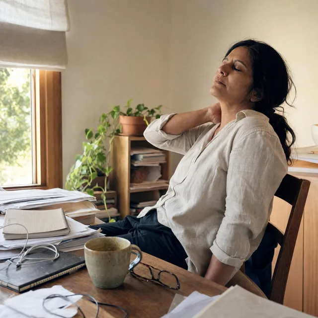 A woman pushes back from a crowded home office desk in late afternoon light, one hand at the back of her neck