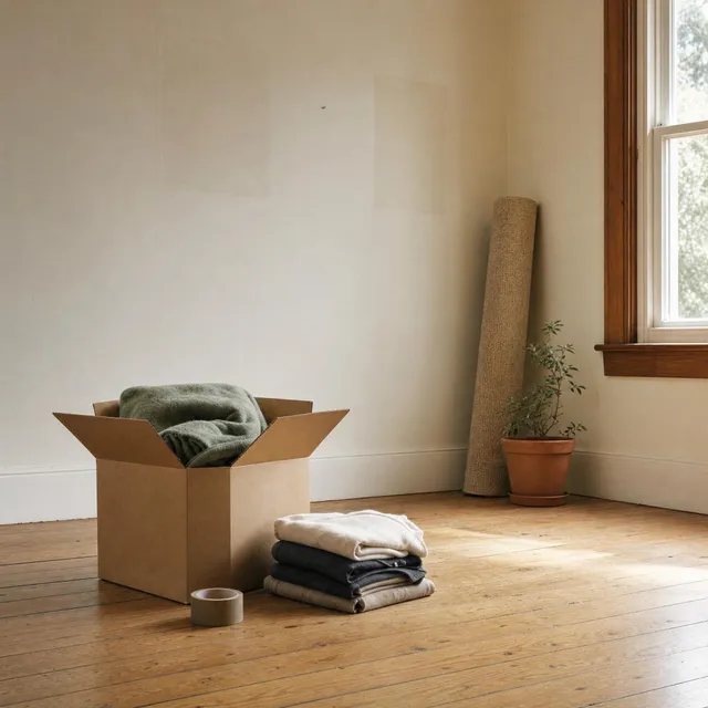 A half packed carton and folded clothes on the floor of a mostly empty room in afternoon light