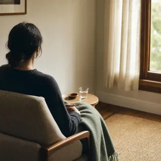 A person sits in an armchair by a curtained window, holding a mug, looking out
