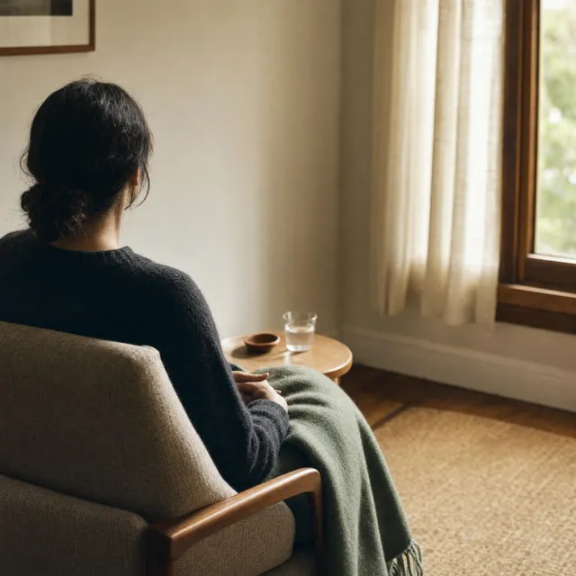 A person sits in an armchair by a curtained window with a wool blanket across their knees, seen from behind