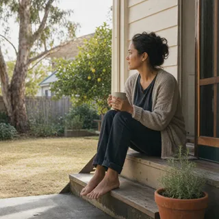 A person sits on a doorstep in soft afternoon light, looking out at the garden