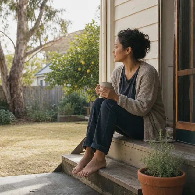 A woman sits on a back step with a cup of tea, looking out over a suburban garden