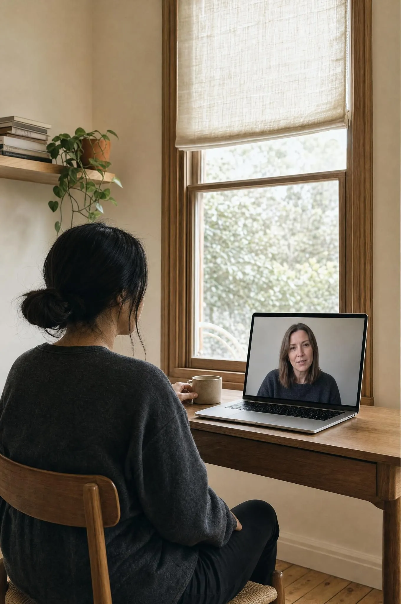 A woman sits at a desk by a tall window in her home, seen from behind, talking with her clinician on a video call on her laptop
