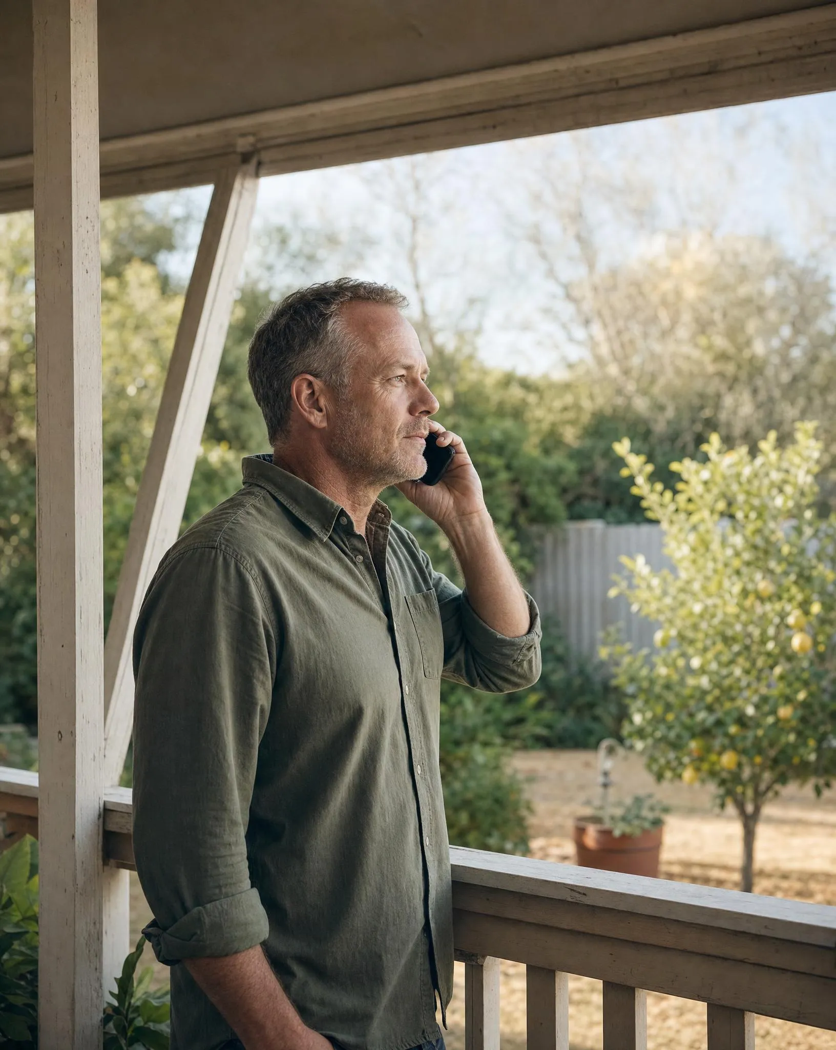 A man takes a phone appointment on the verandah of his home, looking out over the garden