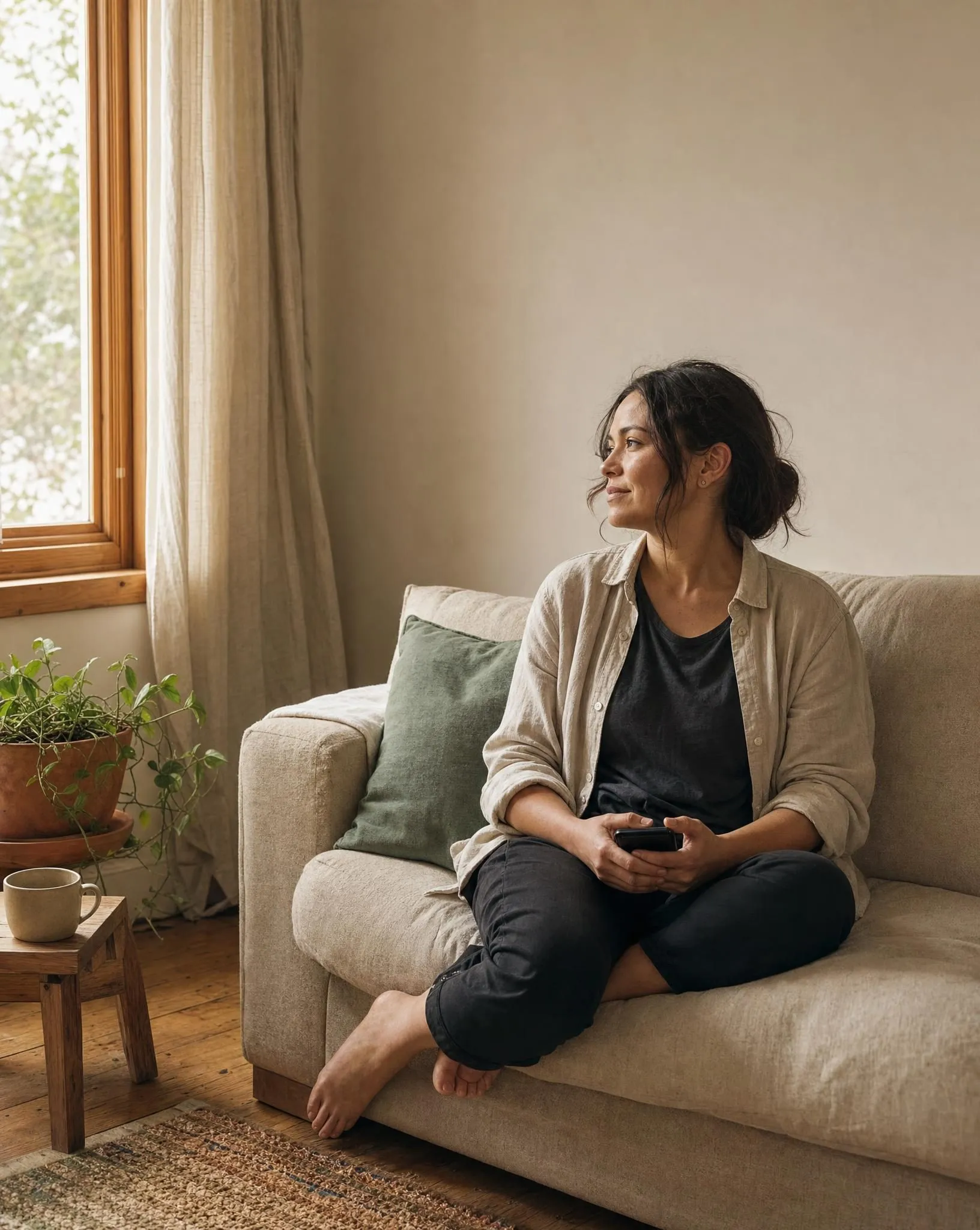 A woman sits on the couch at home with her phone resting in her lap, looking out the window in late afternoon light